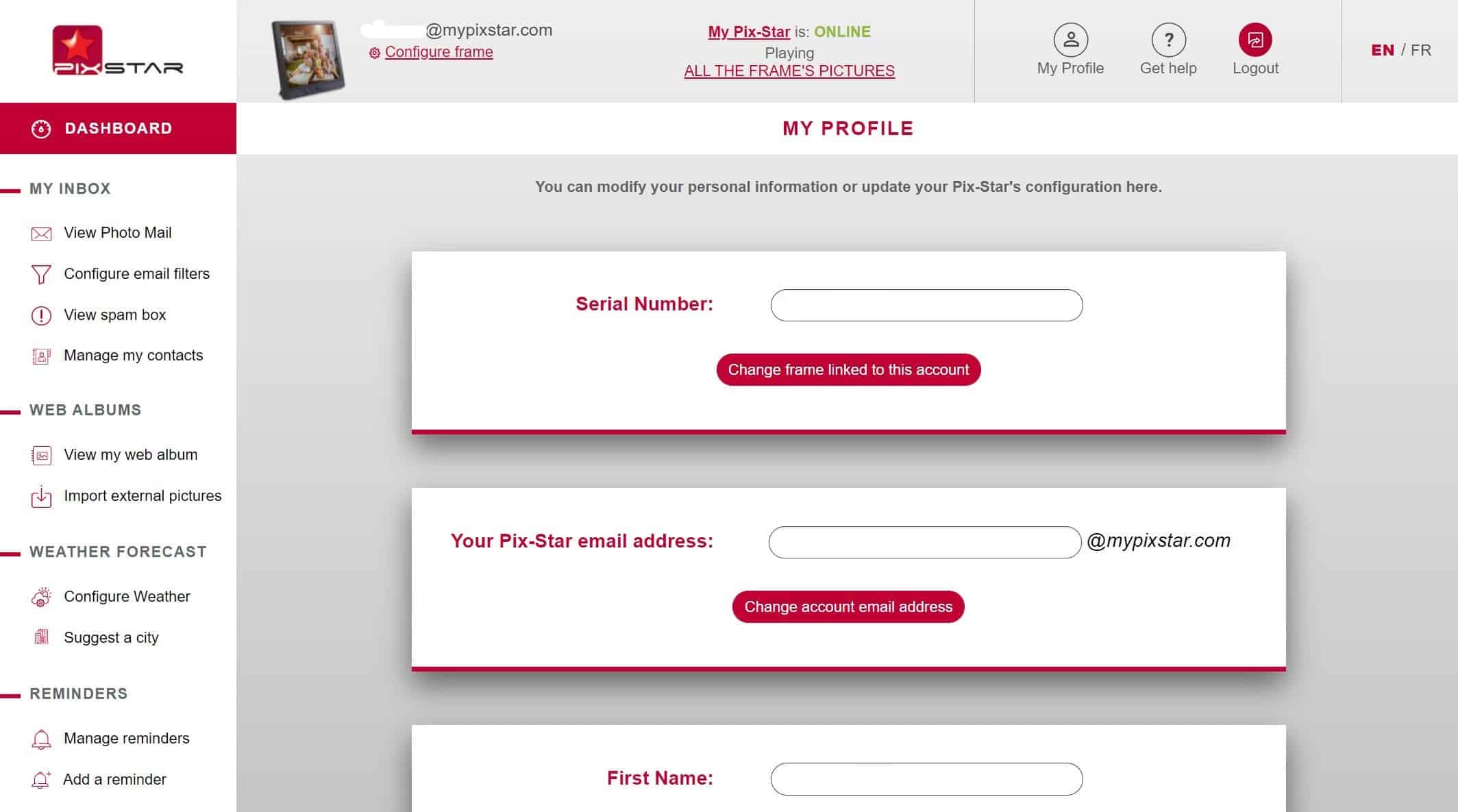 Painel de Interface Web Pix-Star