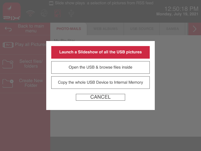 Menu popup Pix-Star USB